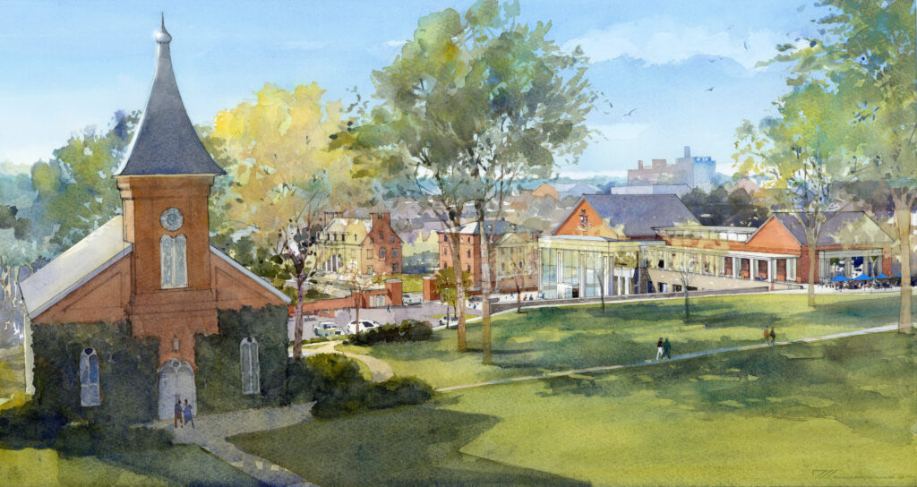An artistic watercolor rendering of Washington and Lee University's campus, showcasing the historic red brick University Chapel with its prominent steeple on the left, partially obscured by ivy. The foreground features a gently sloping green lawn with winding pathways. In the mid-ground and background are renderings of the future Institutional History Museum and other downtown buildings with red brick and white columns are depicted, suggesting a blend of traditional and modern architecture. Trees with autumn-colored foliage are scattered throughout, and a bright blue sky with faint clouds completes the serene campus view.