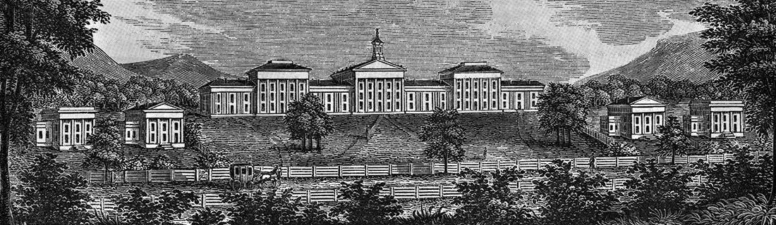 Black and white ink engraving of the Washington and Lee Colonnade in the early 1800s.