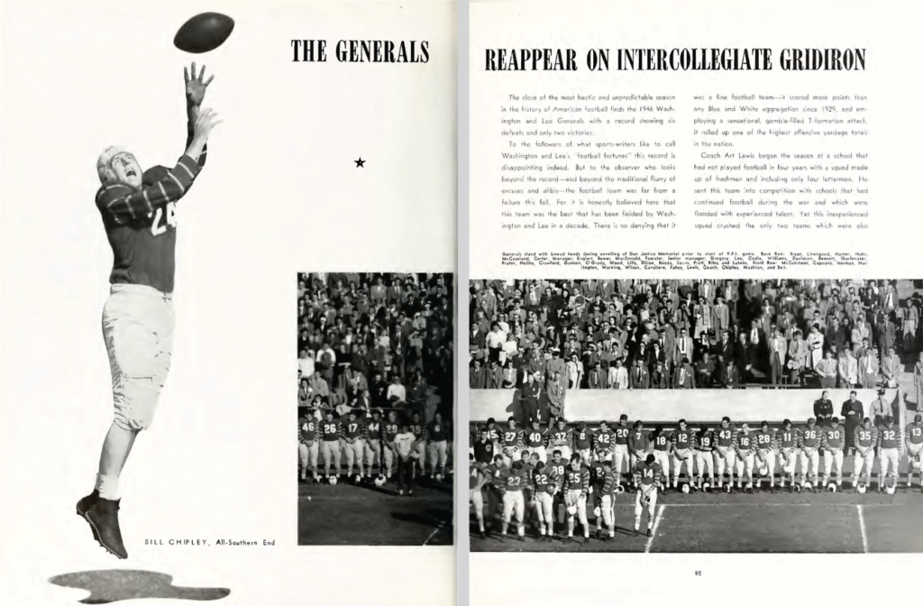 A two-page spread from the 1947 Calyx yearbook. The left page features a large action shot of a football player, Bill Chipley, reaching high to catch a football. The right page, under the heading "REAPPEAR ON INTERCOLLEGIATE GRIDIRON," includes two team photos and text detailing the return of the football team following World War II, noting the season's difficulties.
