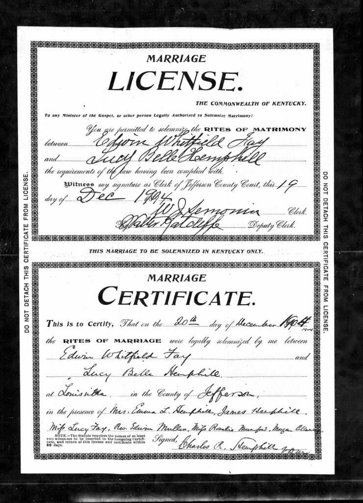 A scan of a 1894 Kentucky Marriage License and Certificate. The license section, issued by Jefferson County, permits the marriage of Edwin Whitfield Fay and Lucy Belle Nenphile on December 19, 1894. The certificate confirms the marriage was solemnized on December 20, 1894, in Louisville, in the presence of witnesses including Mrs. Emma L. Hemphill and James Hemphill.