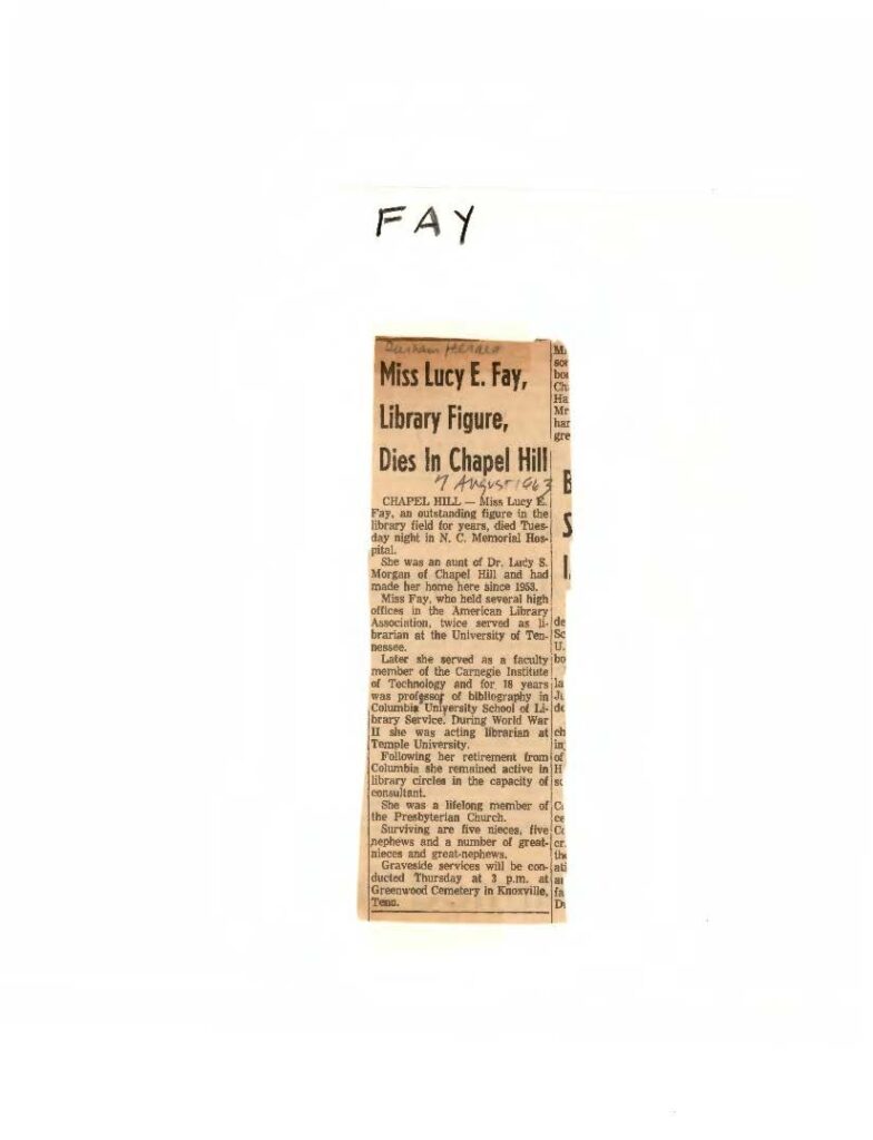 Brown toned newspaper clipping announcing the death of Lucy Fay in 1963