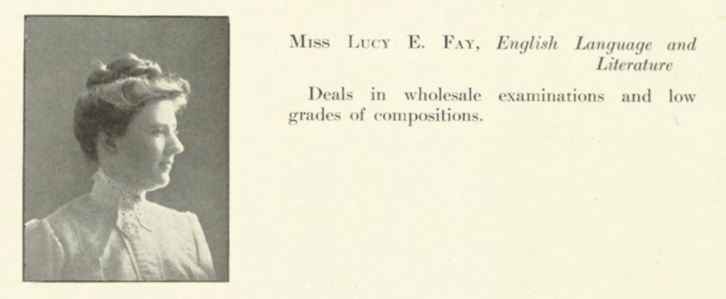 screenshot of a yearbook entry of Lucy Fay including her photograph in profile and her position.