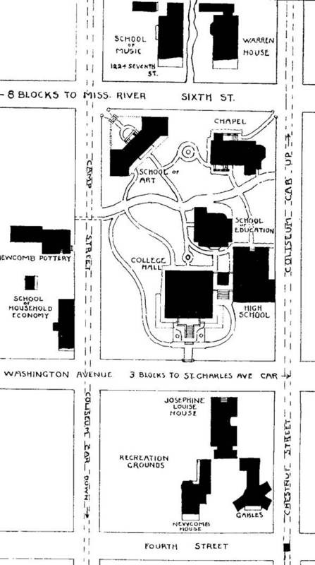 Black and white sketched map of the Garden District of New Orleans featuring labeled cross streets and darkened structure silhouettes indicating locations of Newcomb College buildings.